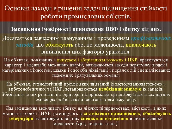 Основні заходи в рішенні задач підвищення стійкості роботи промислових об'єктів. Зменшення