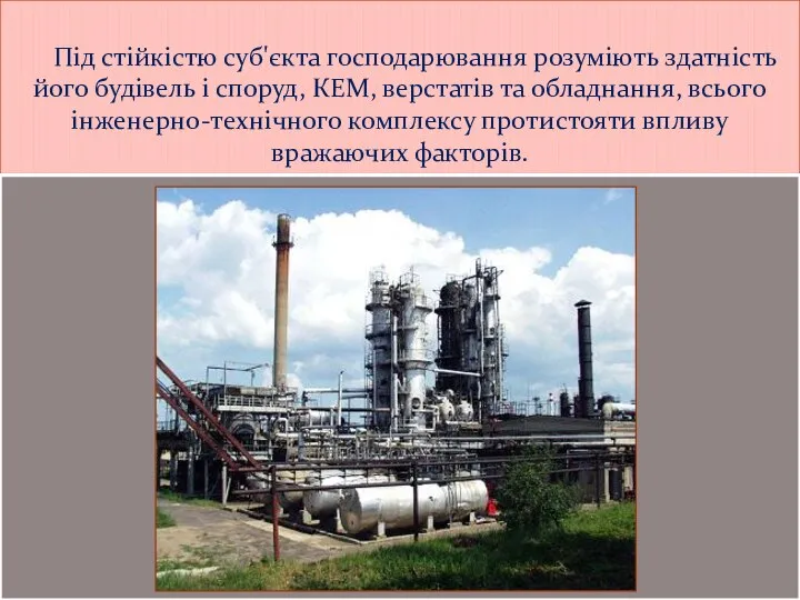 Під стійкістю суб'єкта господарювання розуміють здатність його будівель і споруд, КЕМ,