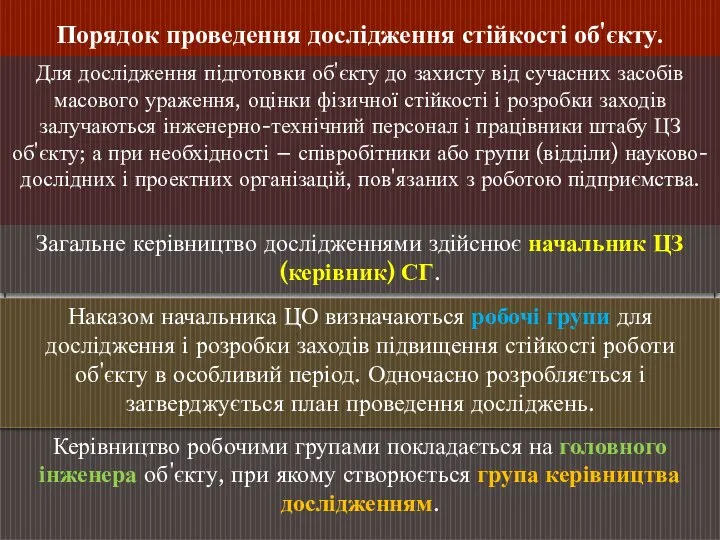 Порядок проведення дослідження стійкості об'єкту. Для дослідження підготовки об'єкту до захисту