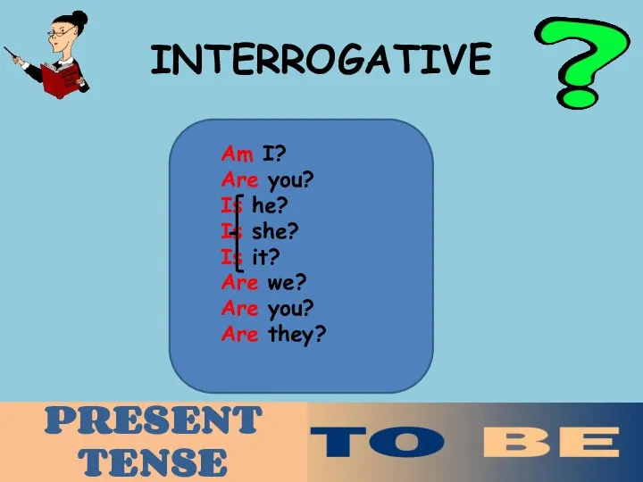 INTERROGATIVE Am I? Are you? Is he? Is she? Is it?