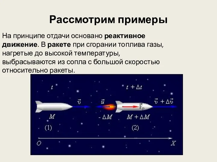 Рассмотрим примеры На принципе отдачи основано реактивное движение. В ракете при