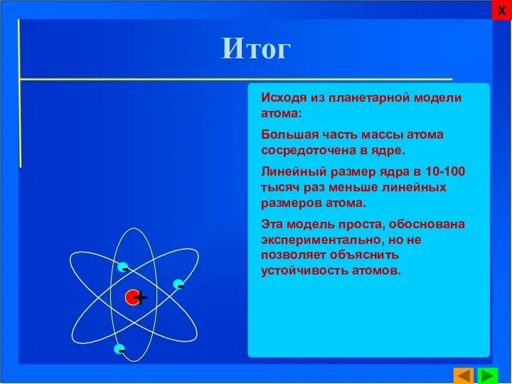 Итог Исходя из планетарной модели атома: Большая часть массы атома сосредоточена