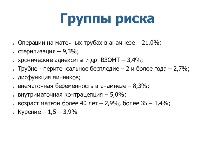 Группы риска Операции на маточных трубах в анамнезе – 21,0%; стерилизация