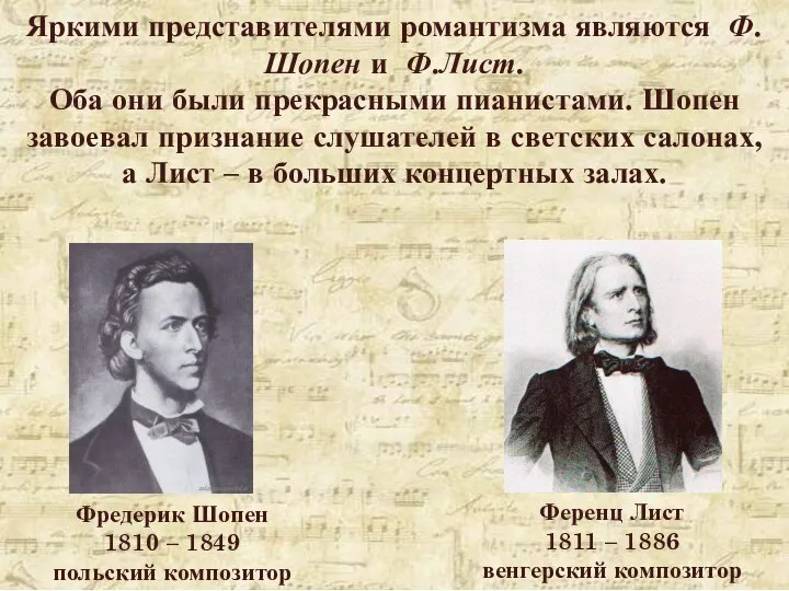 Фредерик Шопен 1810 – 1849 польский композитор Ференц Лист 1811 –