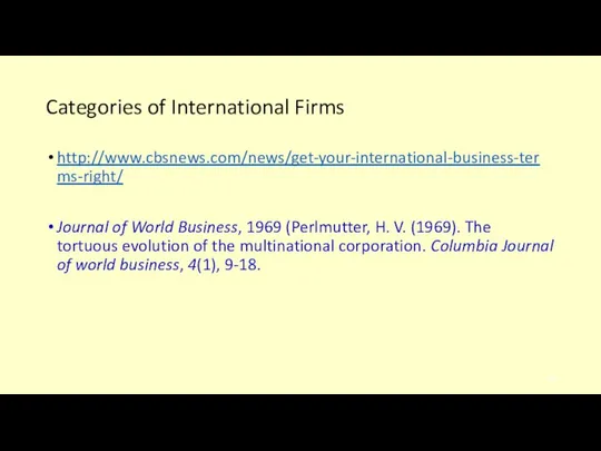 Categories of International Firms http://www.cbsnews.com/news/get-your-international-business-terms-right/ Journal of World Business, 1969 (Perlmutter,