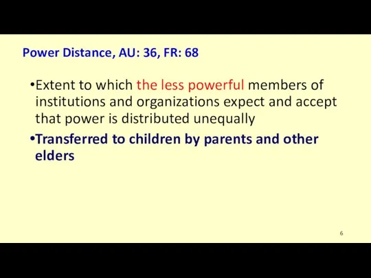 Power Distance, AU: 36, FR: 68 Extent to which the less