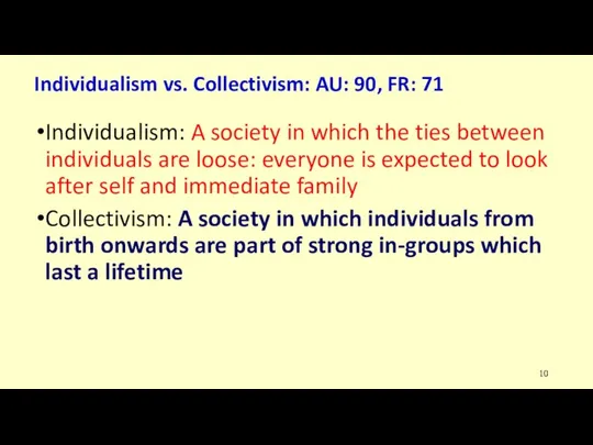 Individualism vs. Collectivism: AU: 90, FR: 71 Individualism: A society in