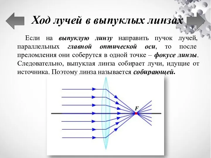 Ход лучей в выпуклых линзах Если на выпуклую линзу направить пучок