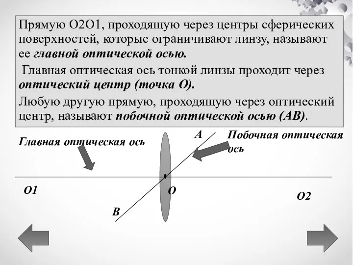 Прямую O2O1, проходящую через центры сферических поверхностей, которые ограничивают линзу, называют