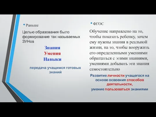 Раньше Целью образования было формирование так называемых ЗУНов Знания Умения Навыки