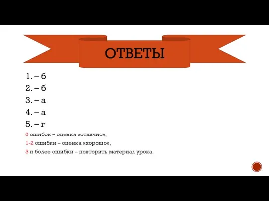 ОТВЕТЫ 1. – б 2. – б 3. – а 4.