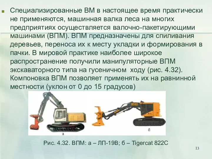 Специализированные ВМ в настоящее время практически не применяются, машинная валка леса