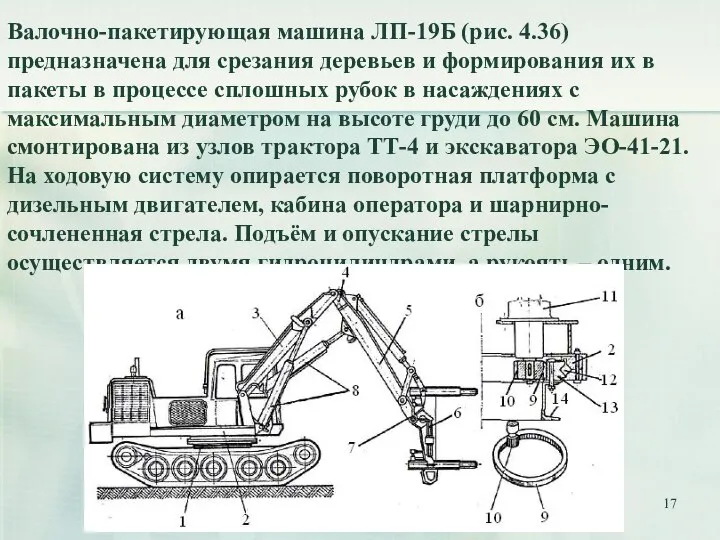 Валочно-пакетирующая машина ЛП-19Б (рис. 4.36) предназначена для срезания деревьев и формирования