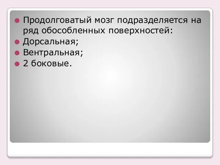 Продолговатый мозг подразделяется на ряд обособленных поверхностей: Дорсальная; Вентральная; 2 боковые.