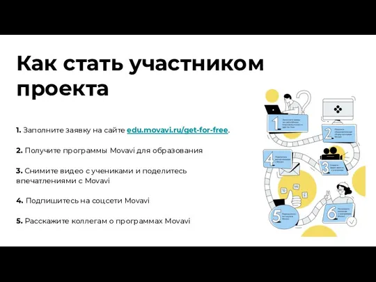 Как стать участником проекта 1. Заполните заявку на сайте edu.movavi.ru/get-for-free. 2.