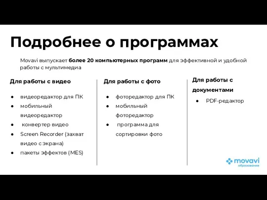 Movavi выпускает более 20 компьютерных программ для эффективной и удобной работы