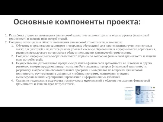 Основные компоненты проекта: Разработка стратегии повышения финансовой грамотности, мониторинг и оценка