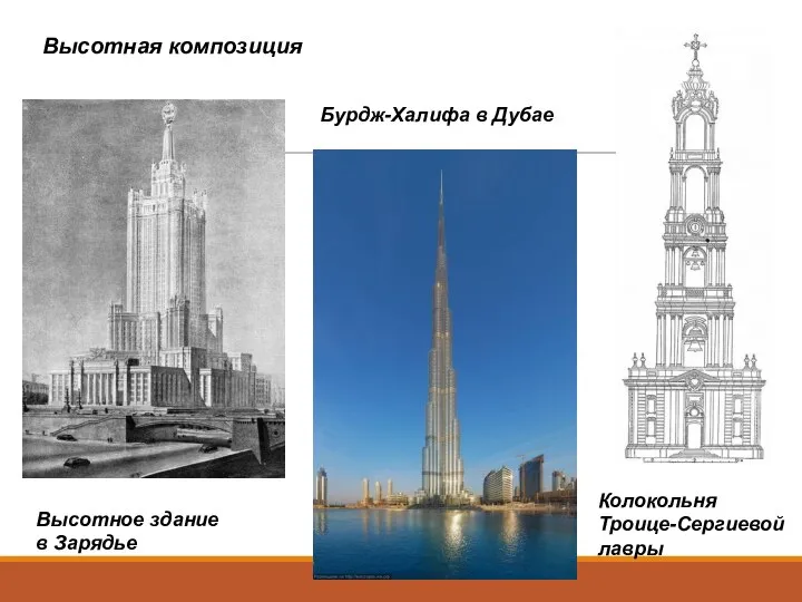 Колокольня Троице-Сергиевой лавры Высотное здание в Зарядье Бурдж-Халифа в Дубае Высотная композиция