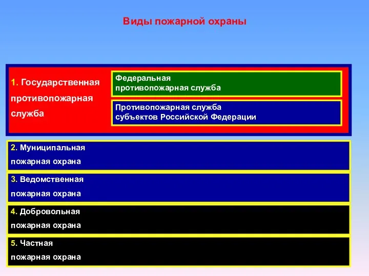 Виды пожарной охраны 1. Государственная противопожарная служба 2. Муниципальная пожарная охрана