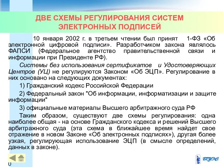 ДВЕ СХЕМЫ РЕГУЛИРОВАНИЯ СИСТЕМ ЭЛЕКТРОННЫХ ПОДПИСЕЙ 10 января 2002 г. в