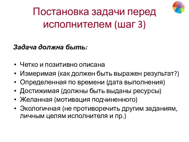 Постановка задачи перед исполнителем (шаг 3) Задача должна быть: Четко и