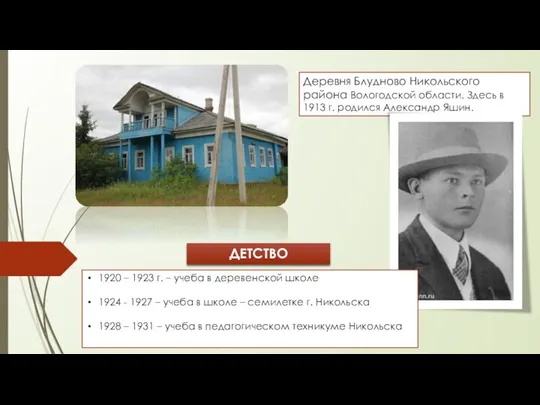 Деревня Блудново Никольского района Вологодской области. Здесь в 1913 г. родился