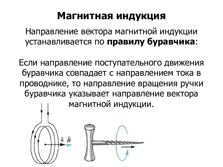 Направление вектора магнитной индукции устанавливается по правилу буравчика: Если направление поступательного