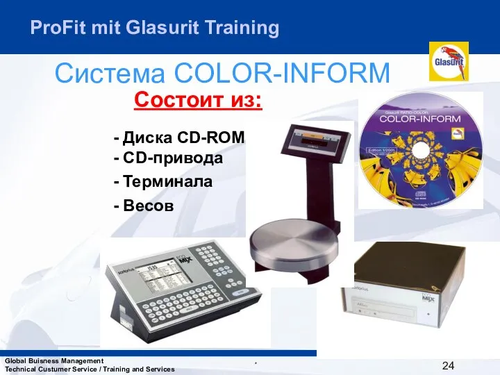 Состоит из: - Диска CD-ROM - CD-привода - Teрминала - Весов Система COLOR-INFORM