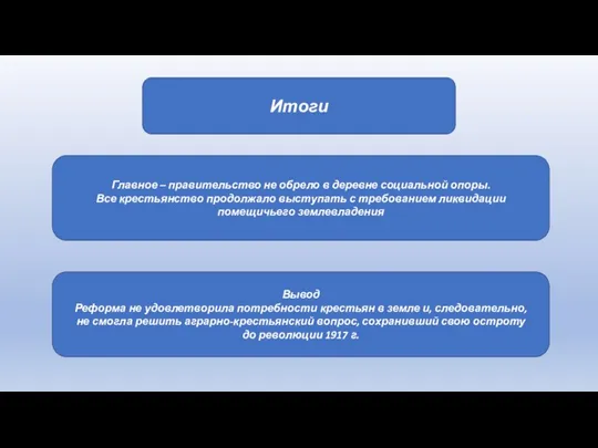 Итоги Главное – правительство не обрело в деревне социальной опоры. Все