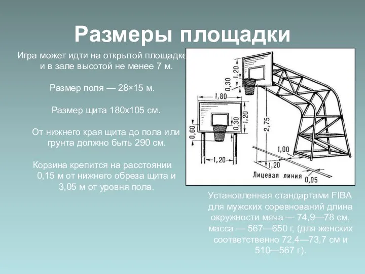 Размеры площадки Игра может идти на открытой площадке и в зале