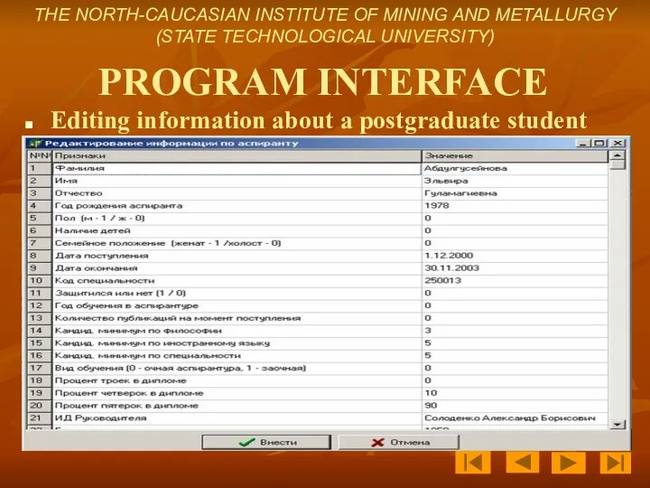 PROGRAM INTERFACE Editing information about a postgraduate student THE NORTH-CAUCASIAN INSTITUTE