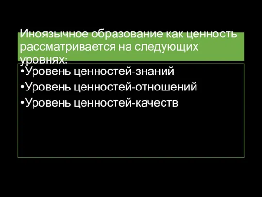 Иноязычное образование как ценность рассматривается на следующих уровнях: Уровень ценностей-знаний Уровень ценностей-отношений Уровень ценностей-качеств