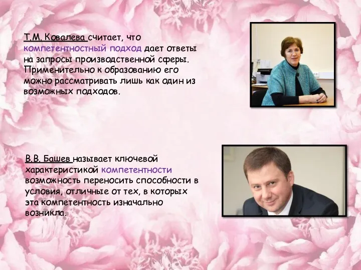 Т.М. Ковалева считает, что компетентностный подход дает ответы на запросы производственной