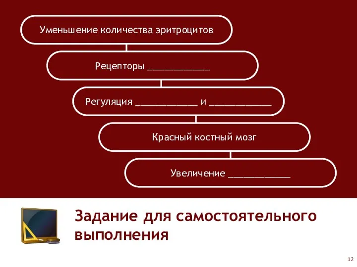 Задание для самостоятельного выполнения Уменьшение количества эритроцитов Рецепторы ____________ Регуляция ____________