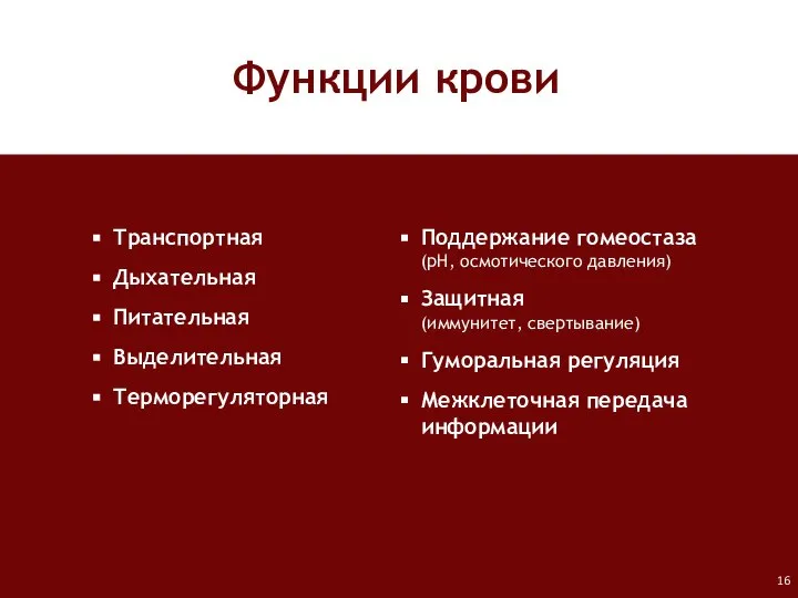 Функции крови Транспортная Дыхательная Питательная Выделительная Терморегуляторная Поддержание гомеостаза (pH, осмотического