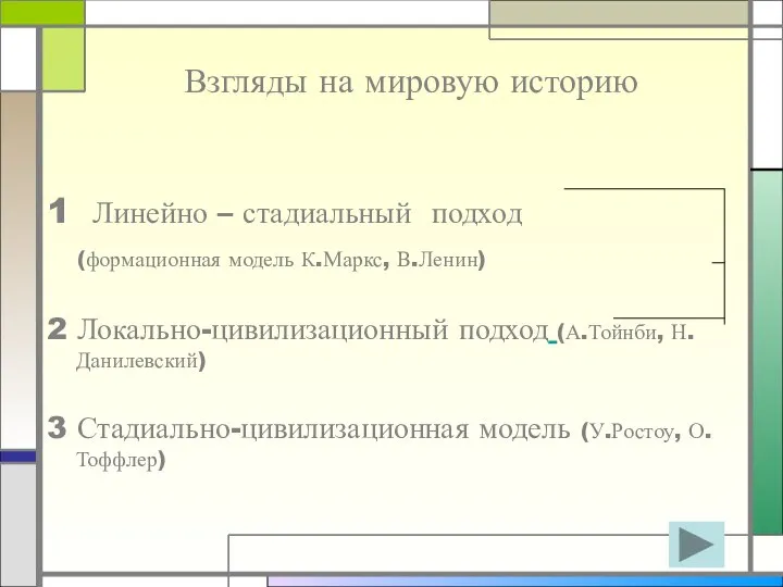 Взгляды на мировую историю 1 Линейно – стадиальный подход (формационная модель