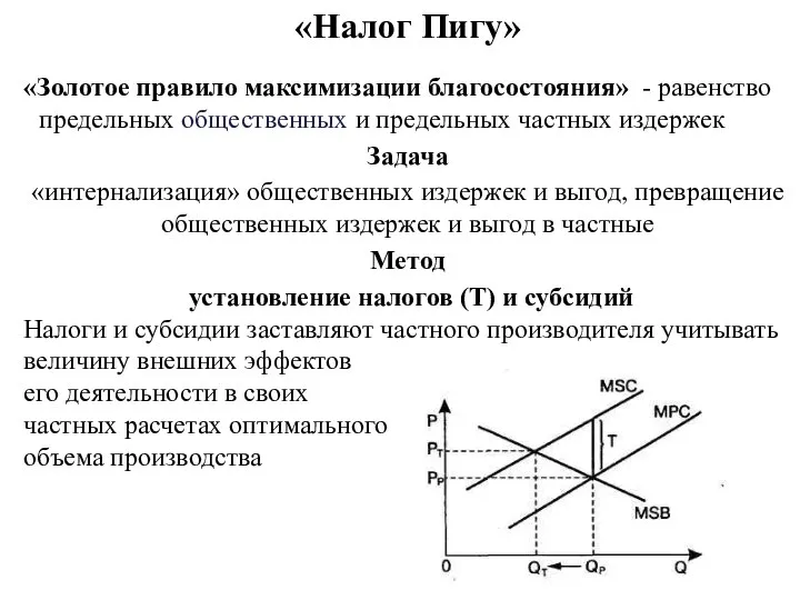 «Налог Пигу» «Золотое правило максимизации благосостояния» - равенство предельных общественных и