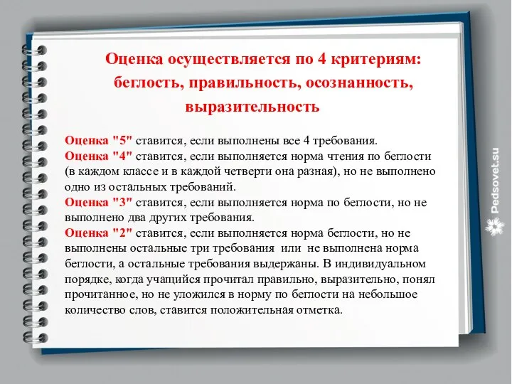 Оценка осуществляется по 4 критериям: беглость, правильность, осознанность, выразительность Оценка "5"