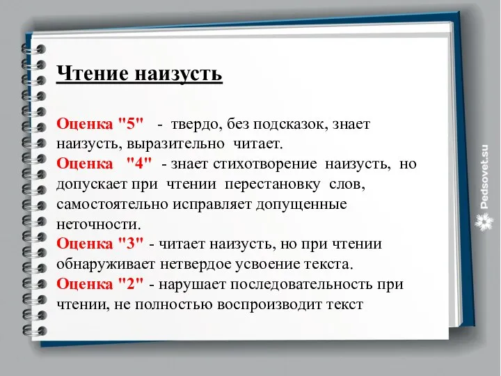 Чтение наизусть Оценка "5" - твердо, без подсказок, знает наизусть, выразительно