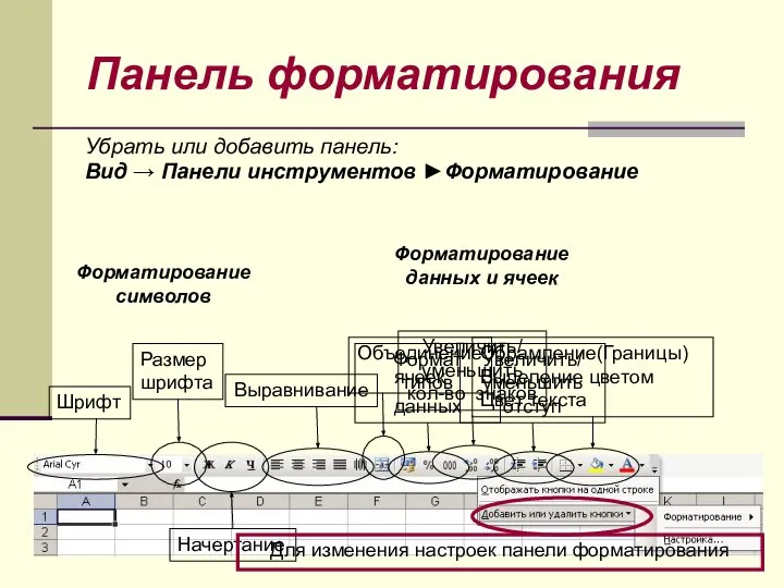 Панель форматирования Убрать или добавить панель: Вид → Панели инструментов ►Форматирование