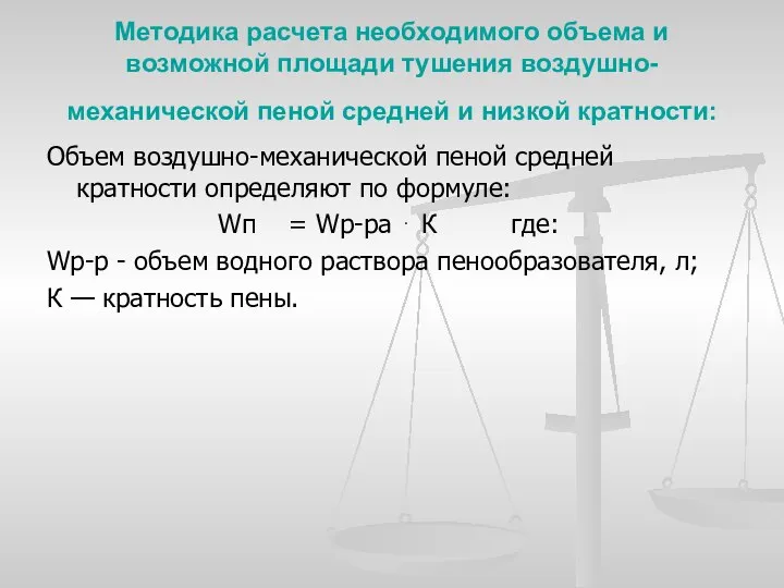 Методика расчета необходимого объема и возможной площади тушения воздушно-механической пеной средней