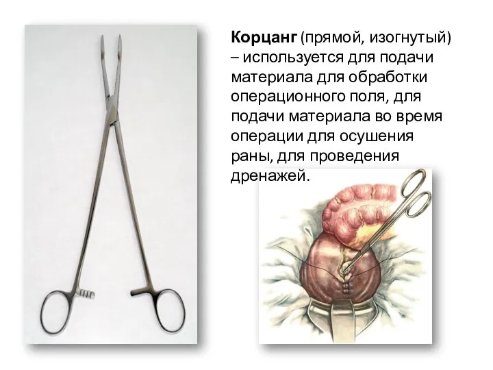 Корцанг (прямой, изогнутый) – используется для подачи материала для обработки операционного