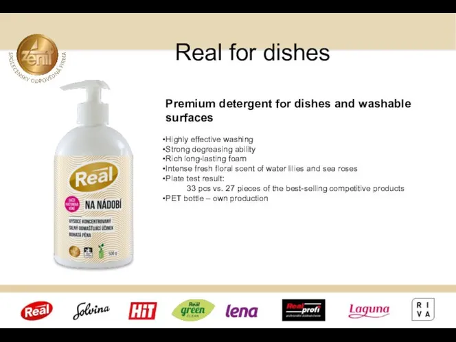 Real for dishes Premium detergent for dishes and washable surfaces Highly