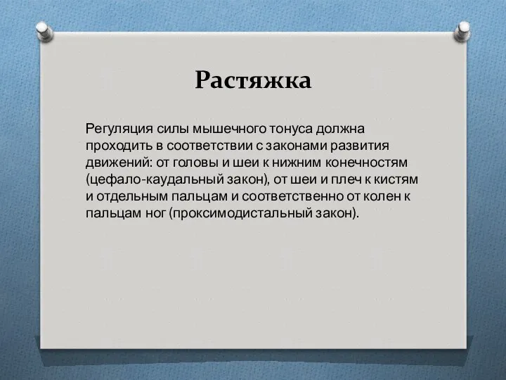 Растяжка Регуляция силы мышечного тонуса должна проходить в соответствии с законами