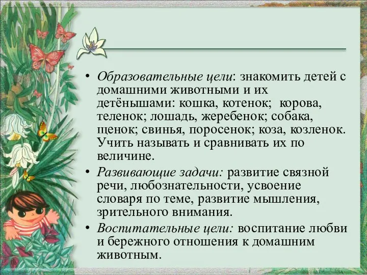 Образовательные цели: знакомить детей с домашними животными и их детёнышами: кошка,