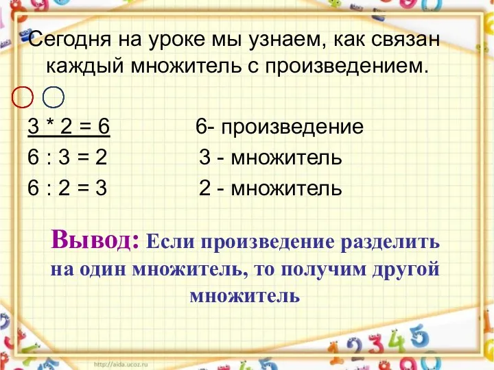 Сегодня на уроке мы узнаем, как связан каждый множитель с произведением.