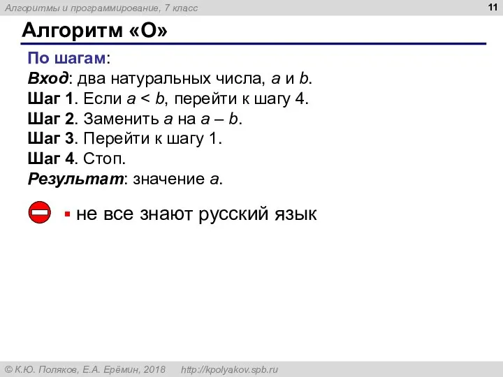 Алгоритм «О» По шагам: Вход: два натуральных числа, a и b.