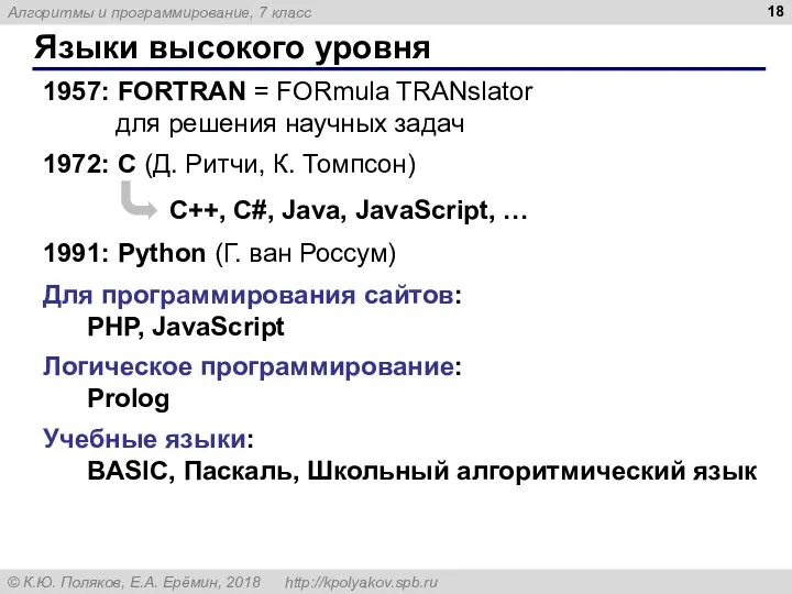 Языки высокого уровня 1957: FORTRAN = FORmula TRANslator для решения научных