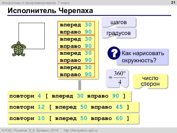 Исполнитель Черепаха вперед 30 вправо 90 вперед 30 вправо 90 вперед