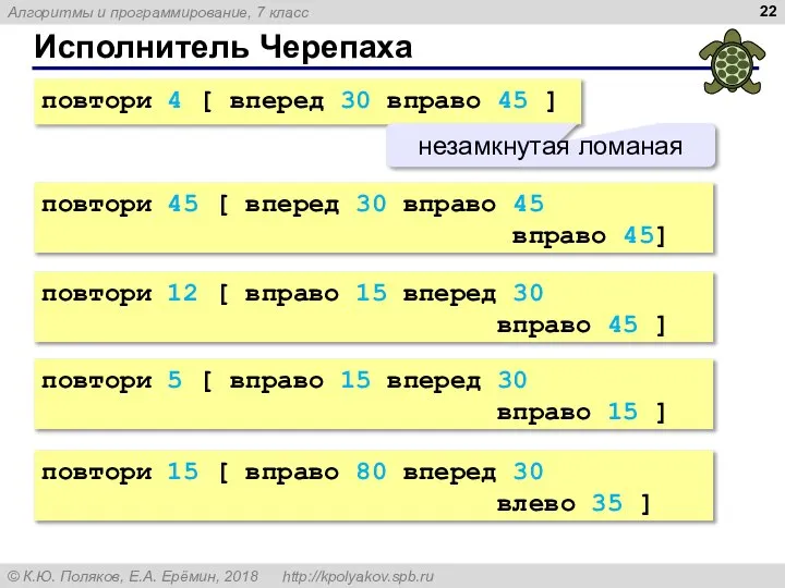 Исполнитель Черепаха повтори 4 [ вперед 30 вправо 45 ] незамкнутая